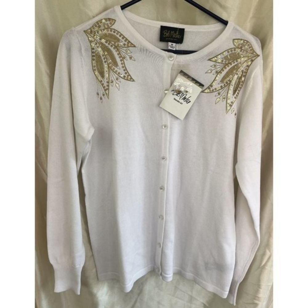 Bob Mackie Wearable Art Sweater Medium White Gold Sequin Embellished